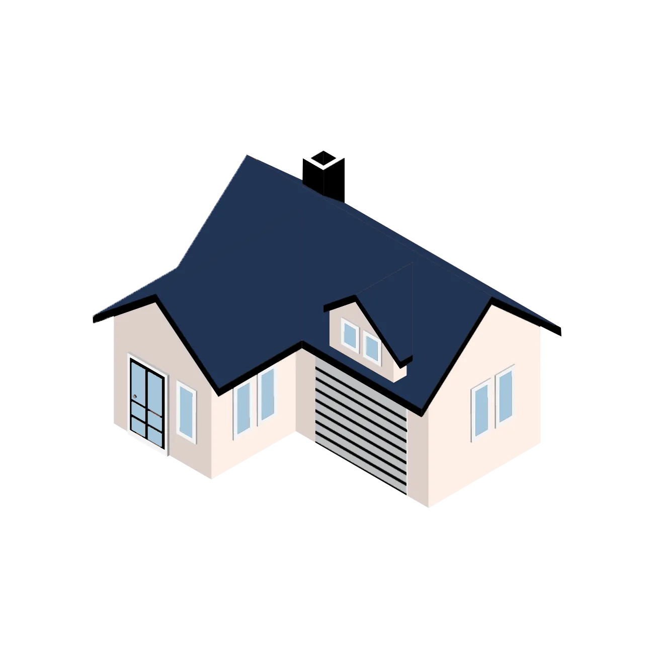 a white house with a blue roof